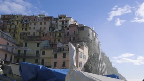 Aerial-view-of-Manarola,-Cinque-Terre,-during-a-sea-storm