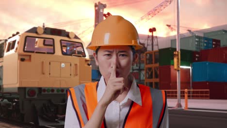 close up of asian female engineer with safety helmet making shh gesture with freight cargo train at port