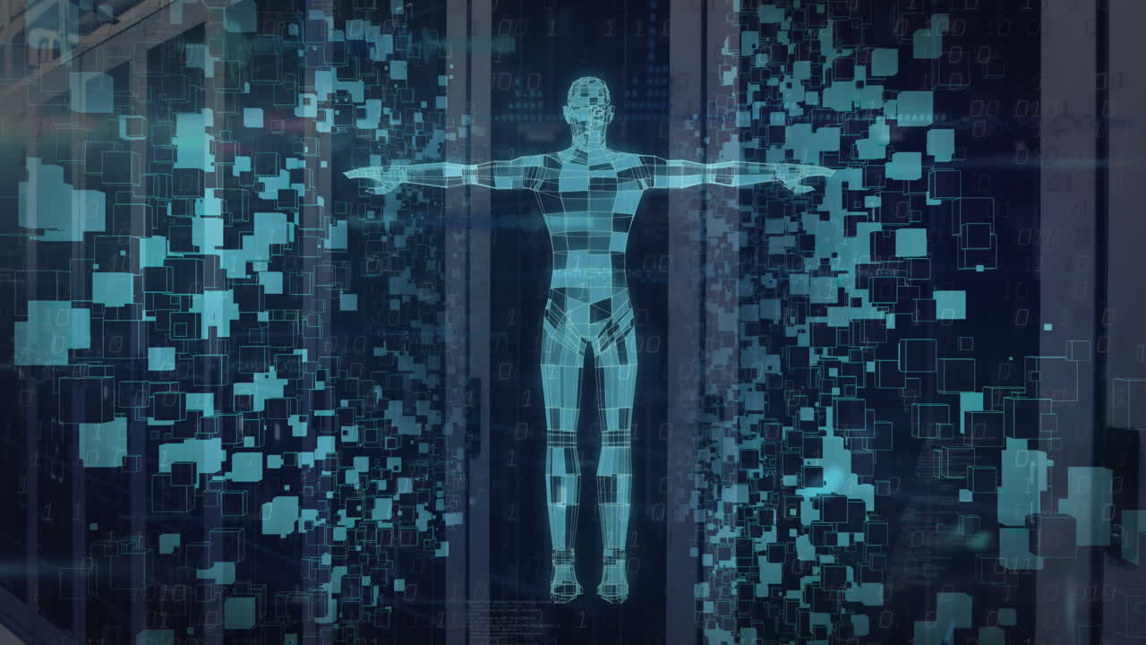 Animation of shapes and digital human over server room