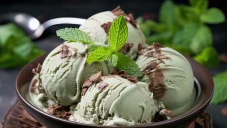 three scoops of mint chocolate chip ice cream melting in a brown bowl, topped with fresh mint leaves and chocolate shavings, create a refreshing and decadent dessert