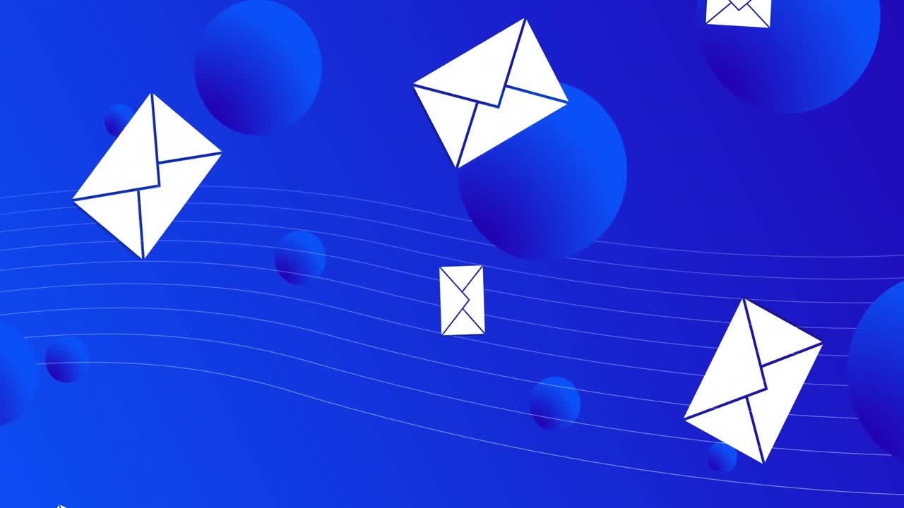 파란색 배경의 구에 맞춰 떨어지는 여러 개의 메시지 아이콘