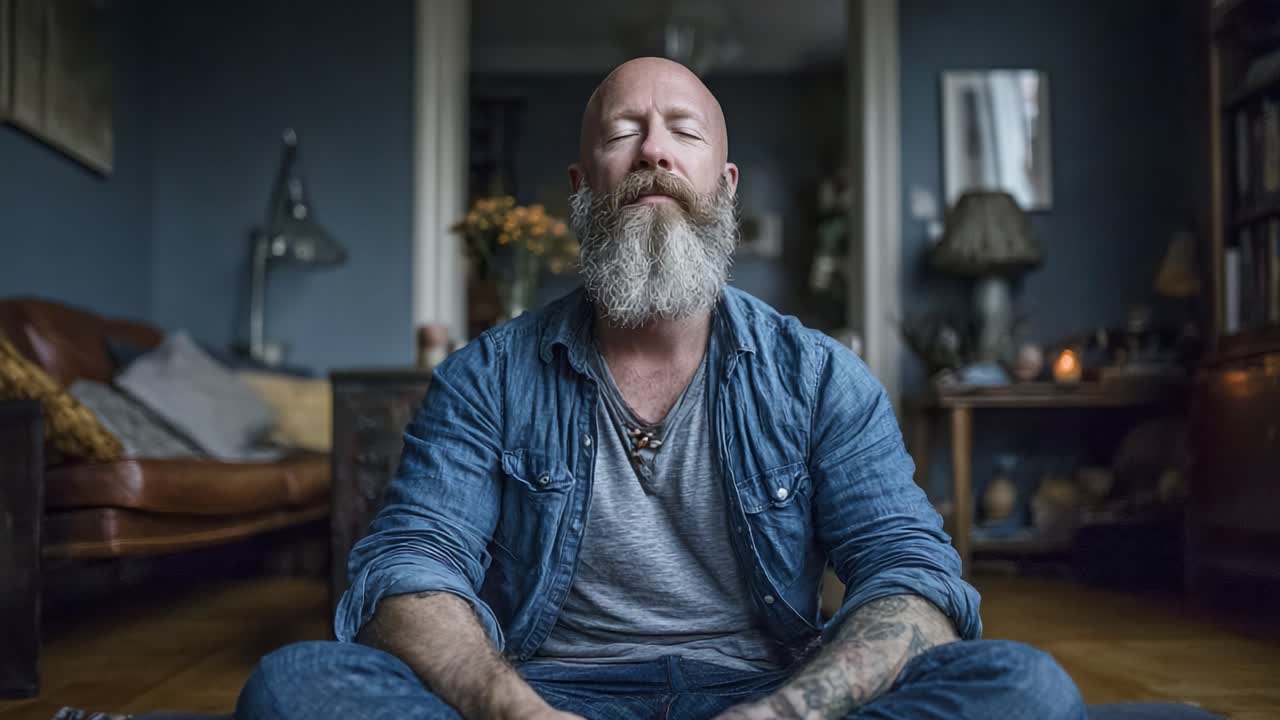Un momento sereno di meditazione: un uomo barbuto in una stanza accogliente, immerso in profonda consapevolezza e riflessione, circondato da un'atmosfera calda e invitante.
