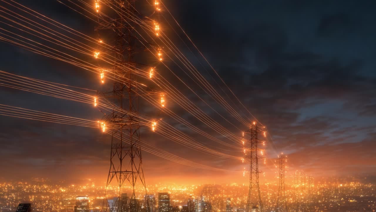 Illuminated Transmission Towers Against a Vibrant City Skyline at Dusk, Showcasing the Striking Contrast of Technology and Urban Life in a Beautiful Twilight Setting