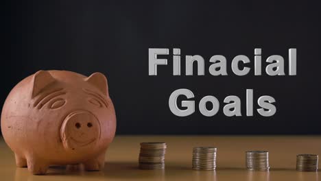 financial goals text and hand of a white man putting coin in a clay piggy bank