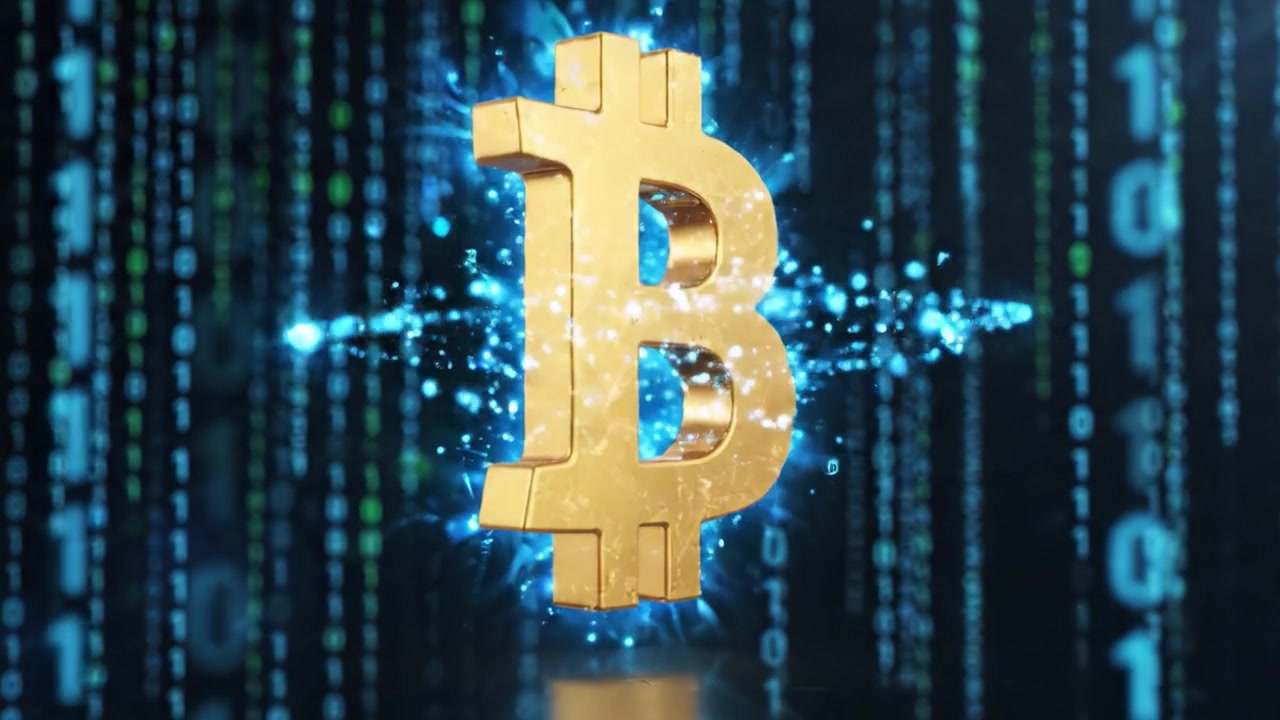 Esplorando la rivoluzione digitale: un viaggio attraverso le complessità della criptovaluta, simboleggiata dall'iconico Bitcoin in mezzo a un vivido paesaggio a matrice.