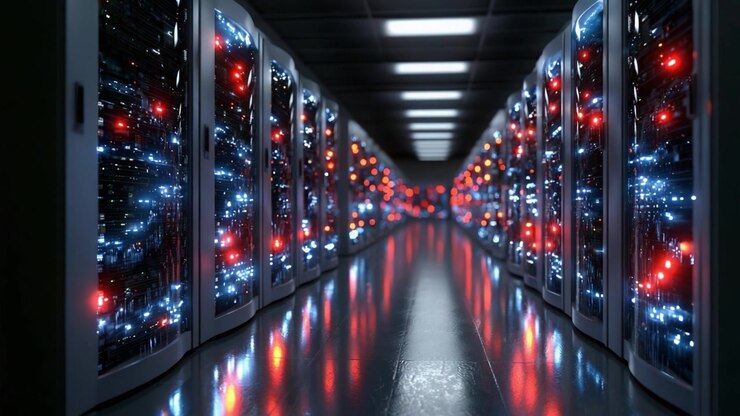 Illuminated Data Center Corridor Featuring Server Racks, Demonstrating State-of-the-Art Technology with Flickering LEDs and Reflections on Polished Flooring