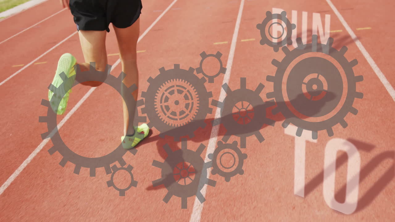 correr en la pista, atleta con engranajes y correr animación de texto superpuesta