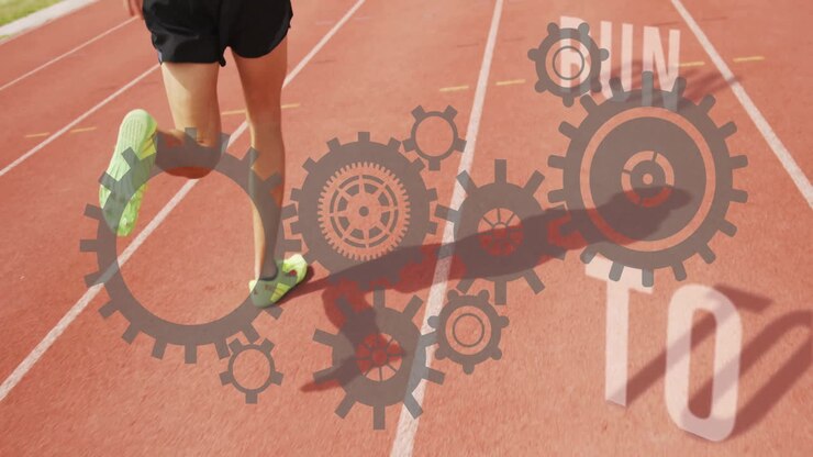 Running on track, athlete with gears and RUN text animation overlaid