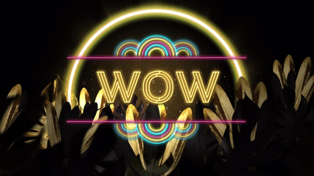 검은색 배경의 잎 위에 와우 텍스트와 네온 원의 애니메이션