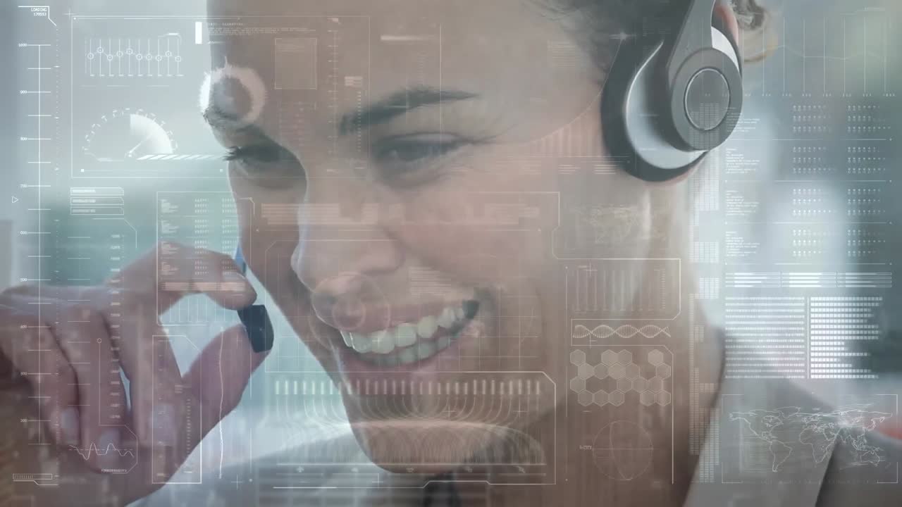 animación de la interfaz digital sobre personas de negocios que usan auriculares telefónicos