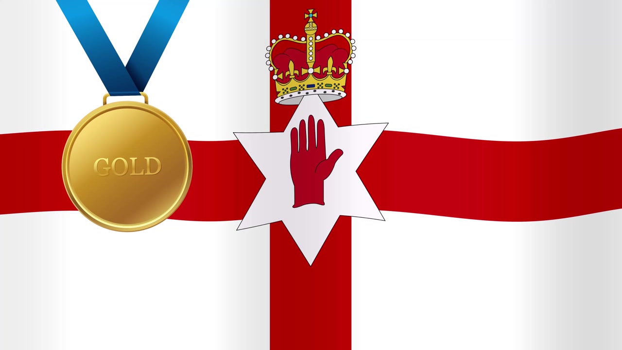 A waving Northern Ireland Ulster Banner flag background with a swinging gold winner's medal.