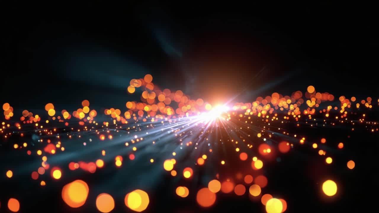Raggi di luce dinamici che emettono particelle scintillanti in un ampio spazio buio, creando uno spettacolo visivo di illuminazione e gradienti colorati