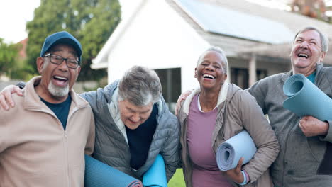 face, funny or senior friends in fitness training