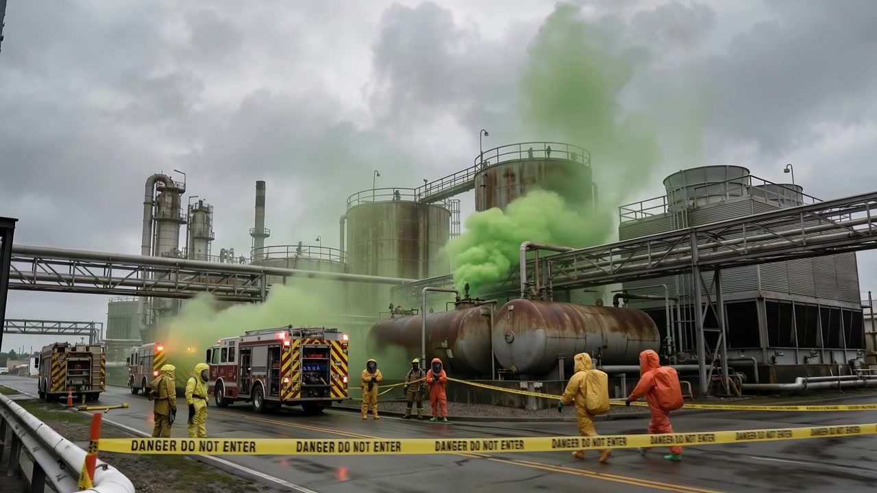 Brannmenn og hazmat-teknikere som rykker ut til en lekkasje av giftig grønn røyk ved et industrielt lagringsanlegg