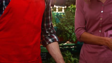 Male-staff-assisting-a-woman-in-shopping-scallion-at-organic-section