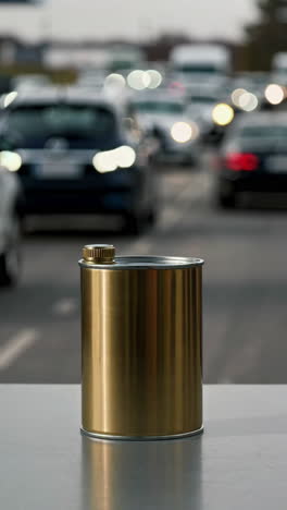 golden metal can with blurred cars in background