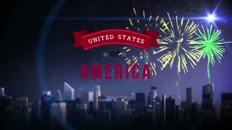 united states of america text in banner and fireworks over a city