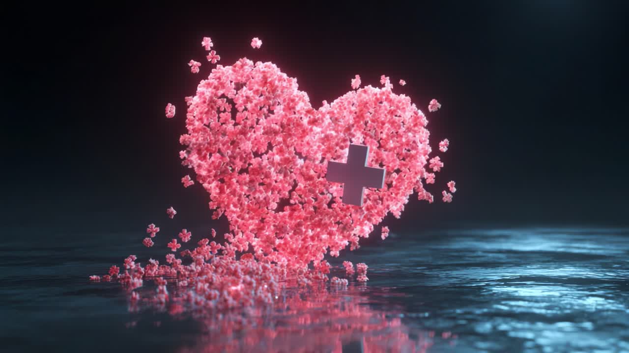 A captivating visualization of a heart formed by vibrant pink flowers, incorporating a medical cross symbol to evoke themes of love, healing, and compassion in a visually striking setting