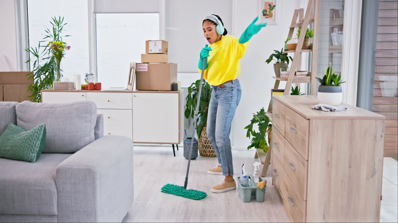 mujer, cantando y fregando en el suelo de la sala de estar