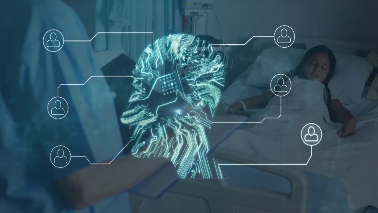 Animazione di rete di connessioni e circuito stampato di computer su medico e paziente diversi