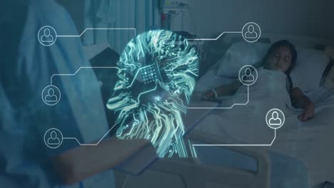 animación de la red de conexiones y placa de circuito de computadora sobre diversos médicos y pacientes