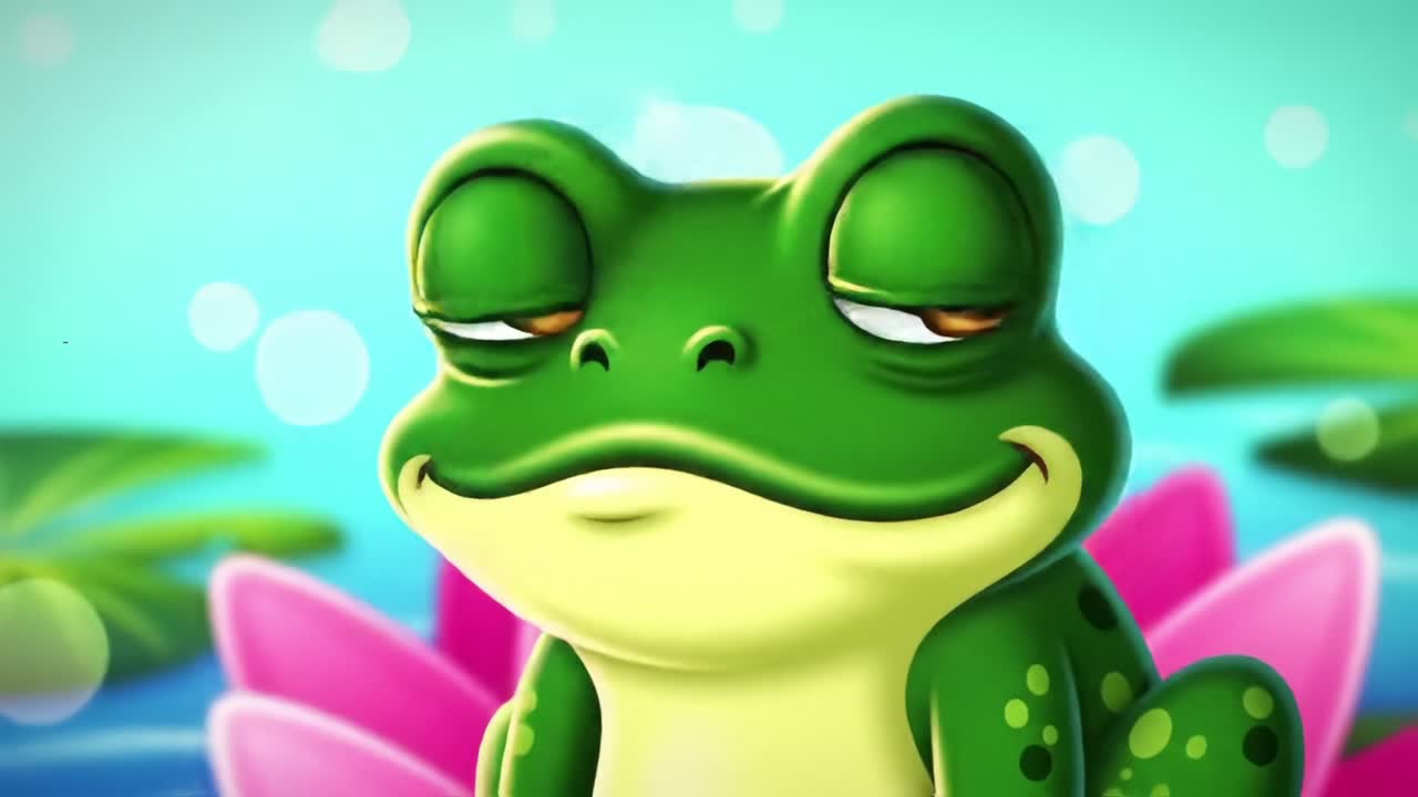 A Charming Green Frog with a Playful Expression on a Lily Pad, Surrounded by Soothing Blue Waters and Delicate Blooms in a Vibrant and Cheerful Environment