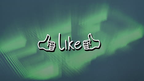 animation of like text with icons over light trails on grey background