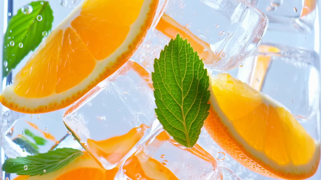 Orange Slices Mint Leaves Ice Cubes Vibrant Macro Shot Showing Orange Wedges And Fresh Mint Resting On Clear