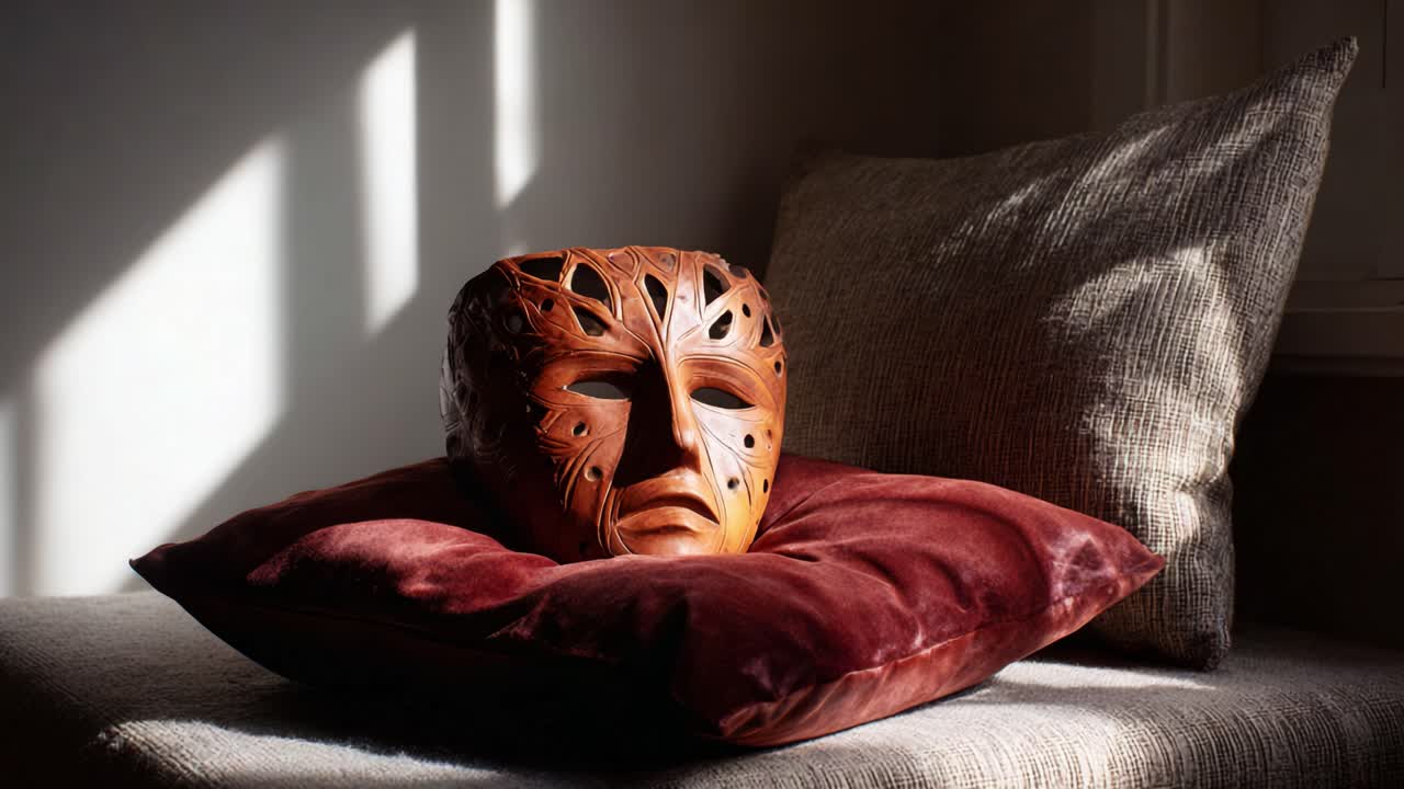 Una maschera di legno finemente realizzata adagiata con eleganza su un morbido cuscino, illuminata dalla luce soffusa del sole, che cattura dettagli intricati e arte in un ambiente tranquillo