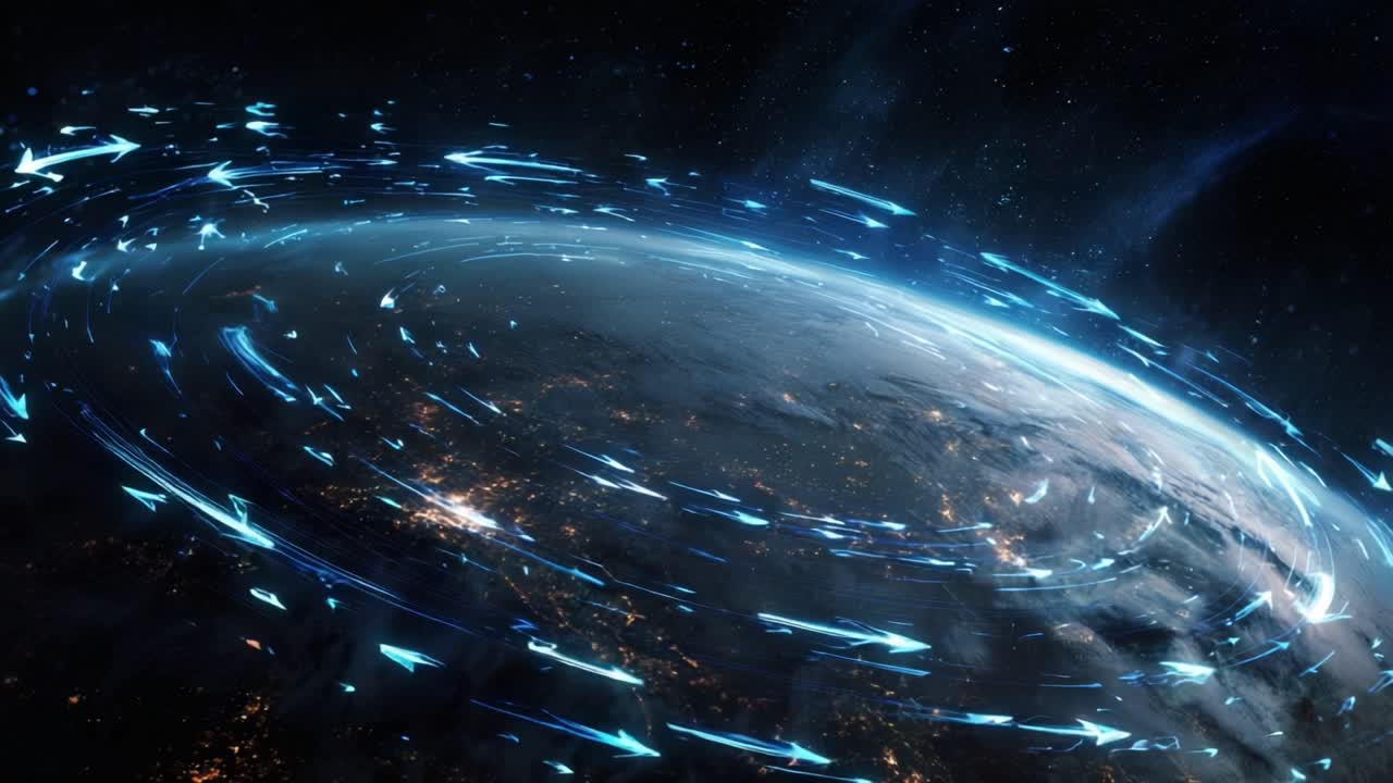Futuristic digital interface with glowing blue arrows and data streams circulating around planet Earth, representing global network connections, communication, and information exchange from space