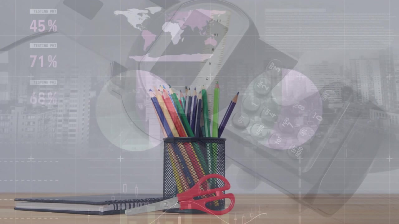 Perlengkapan Sekolah di Meja dengan Hamparan Data Bisnis Animasi