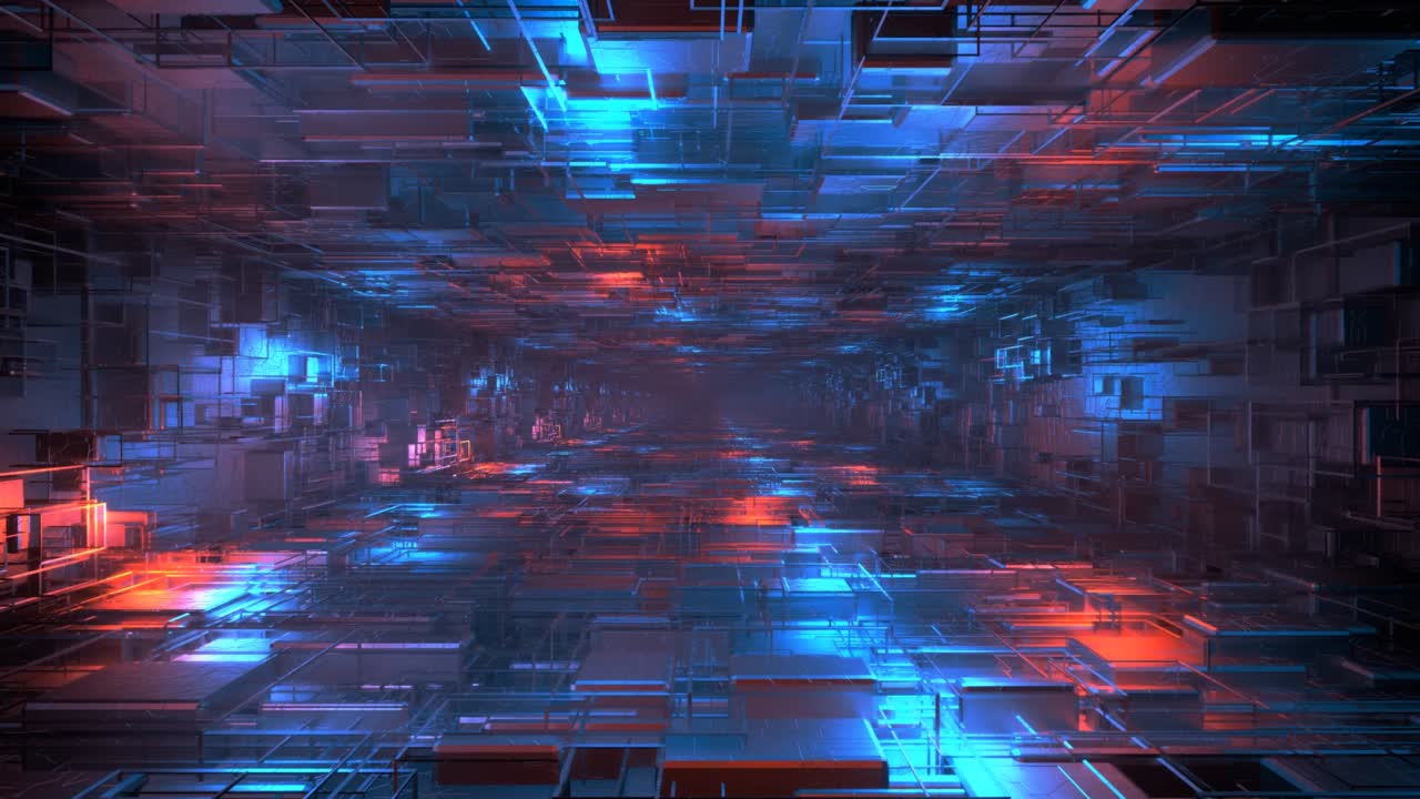 camera movement through a tunnel with abstract cubes.