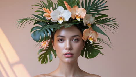 woman with tropical flower and leaf headpiece