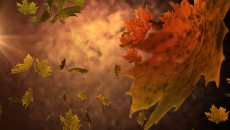 Animation-of-autumn-leaves-falling-over-brown-background