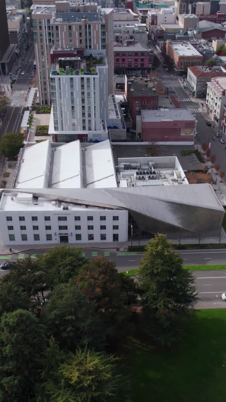 Vertical Drone Shot of Berkeley Art Museum and Pacific Film Archive Building, University of California. Revealing Cityscape