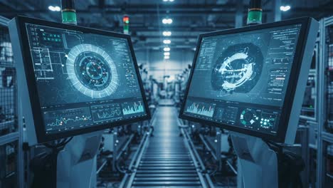 futuristic control room: high-tech monitors displaying complex data in a cutting-edge manufacturing environment with advanced automation systems in action