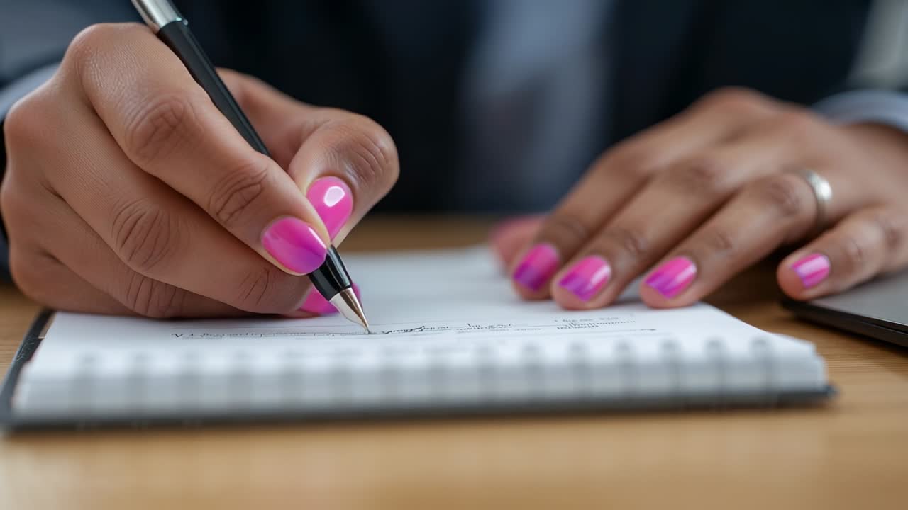 Mani che scrivono indossando un blazer, prendendo appunti con la penna sulla carta, alla scrivania con blocco note e telefono.