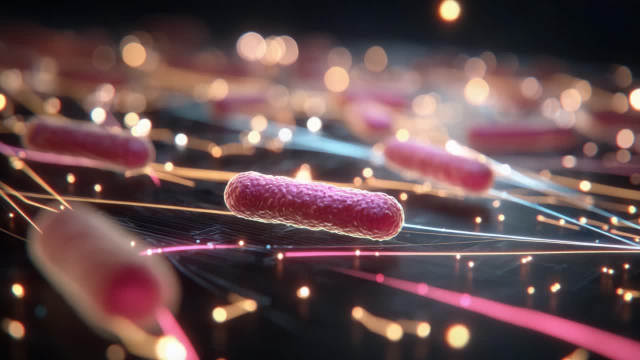 Vergrößerte Ansicht bakterieller Mikroorganismen, die durch ein lebendiges Lichtnetzwerk fließen, ihre dynamischen Interaktionen in einer digitalen Umgebung hervorhebend