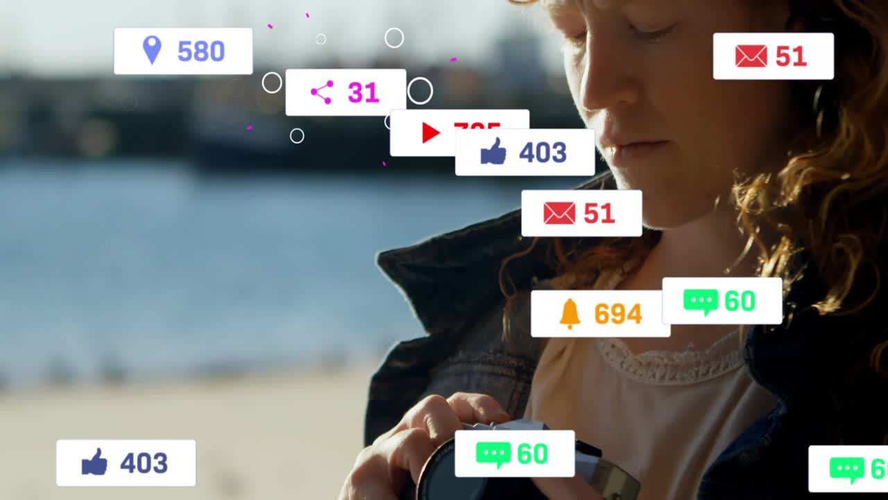 Woman rotating vintage camera on beach, generating social badges while composing shot for creators