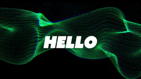 animación de un estandarte de texto de saludo sobre una onda digital verde contra un fondo negro