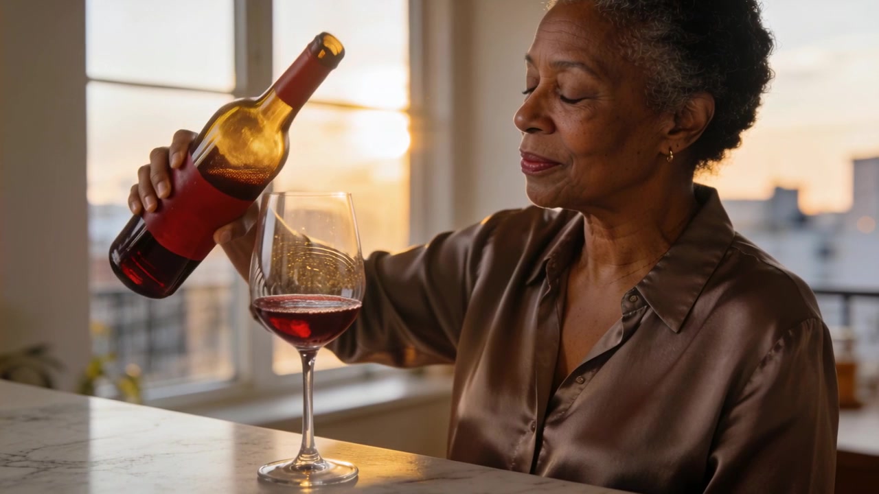Lifting woman tilting red-wine bottle, pouring into glass to fill on marble top, in satin blouse