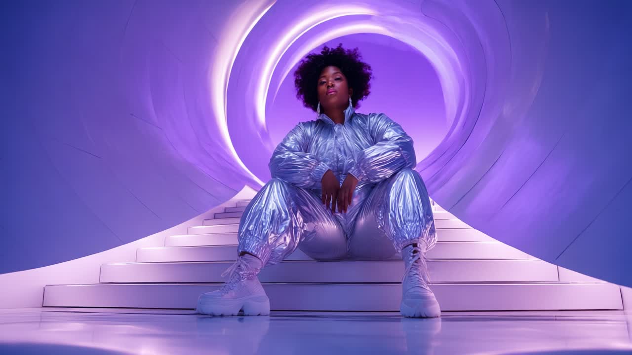 A Journey Through Light: A Stylish Individual in a Shimmering Silver Outfit Steps Down a Futuristic Spiral Passageway Embraced by a Mesmerizing Purple Glow