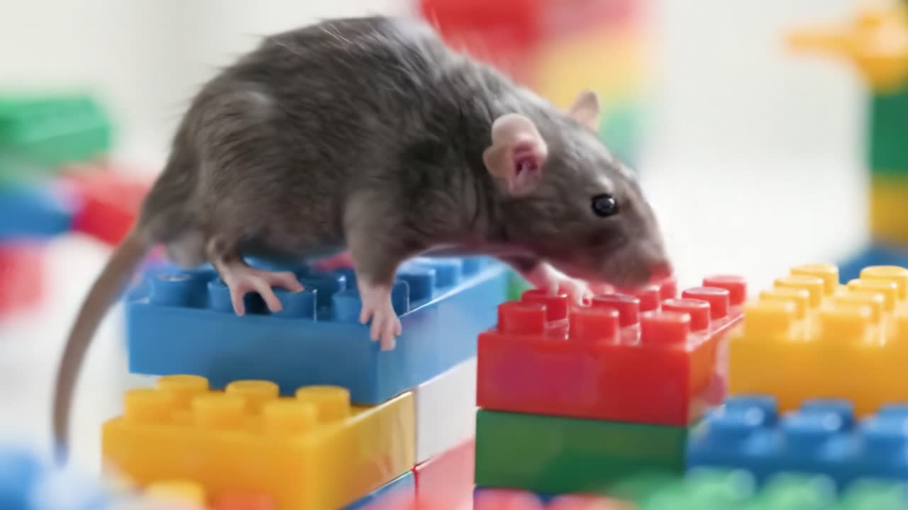 A small mouse navigates over a variety of colorful building blocks, showcasing its agility and curiosity in a playful environment filled with vibrant colors.