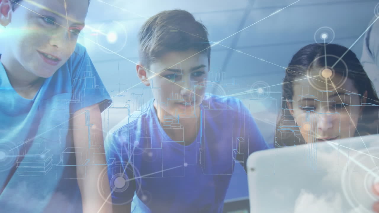 3d 도시 풍경 그림을 통해 노트북과 연결 네트워크를 사용하는 어린이의 애니메이션