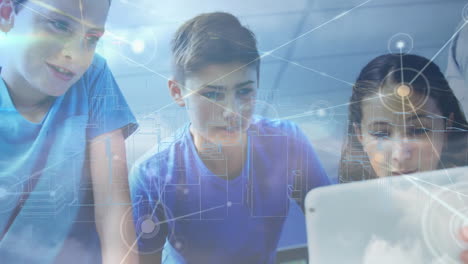 animation of children using laptop and network of connections over 3d cityscape drawing