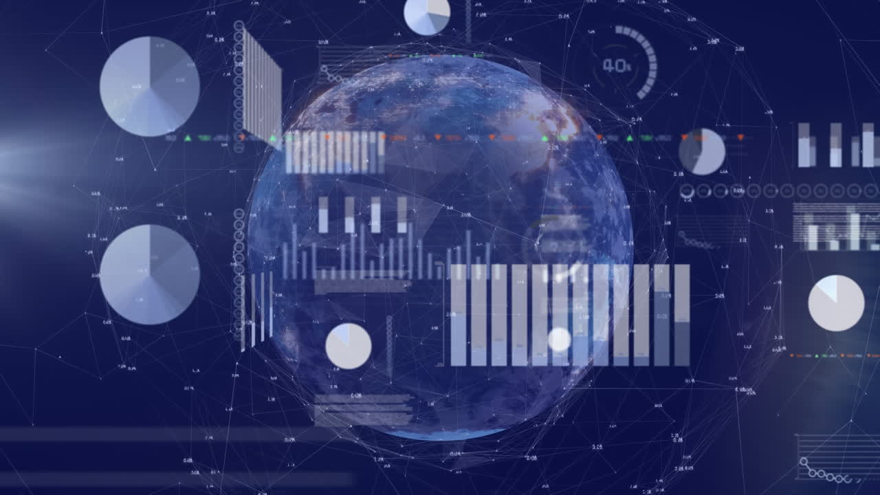 파란색 배경에 대한 회전하는 지구 위의 통계 데이터 처리 인터페이스의 애니메이션