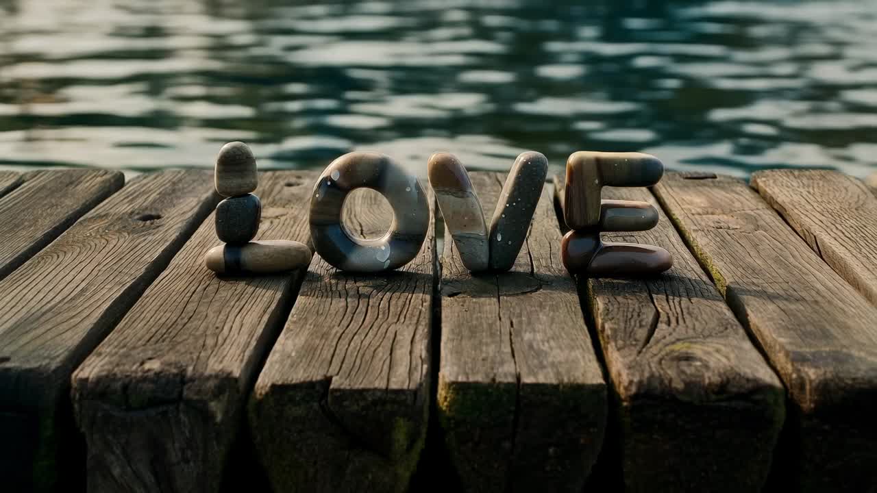Riprese con camera in movimento di ciottoli che compongono la parola LOVE su una banchina di legno, con goccioline e increspature