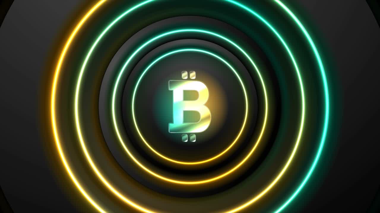 abstracto tecnología brillante fondo de movimiento con emblema de bitcoin