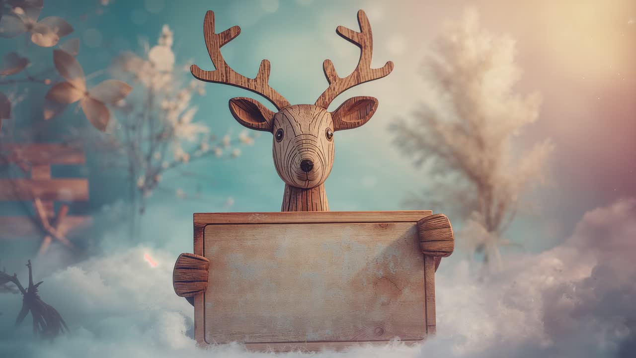 Drifting snowflakes around carved wooden deer holding blank wooden sign plaque in forest clearing