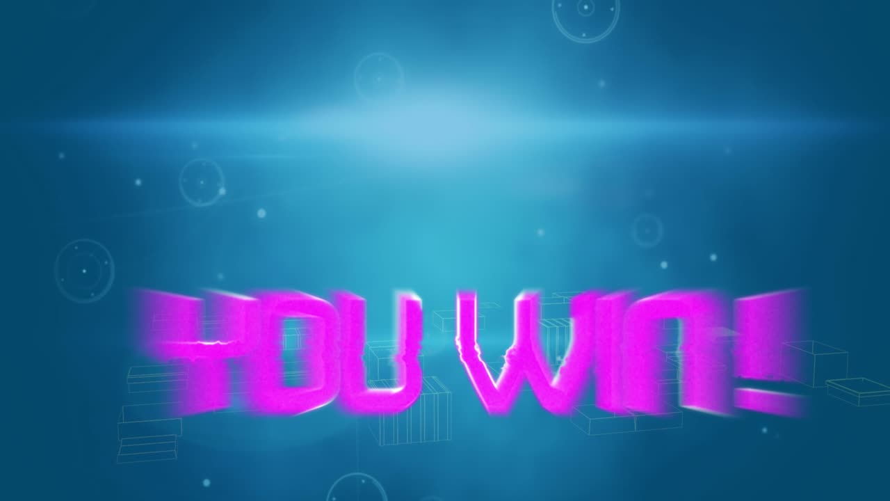 Animation of you win text and city on blue background
